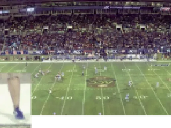 Football game imaged with a gigapixel camera, with zoomed in details. Image resolution is uniform across the scene