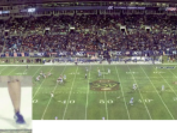 Football game imaged with a gigapixel camera, with zoomed in details. Image resolution is uniform across the scene