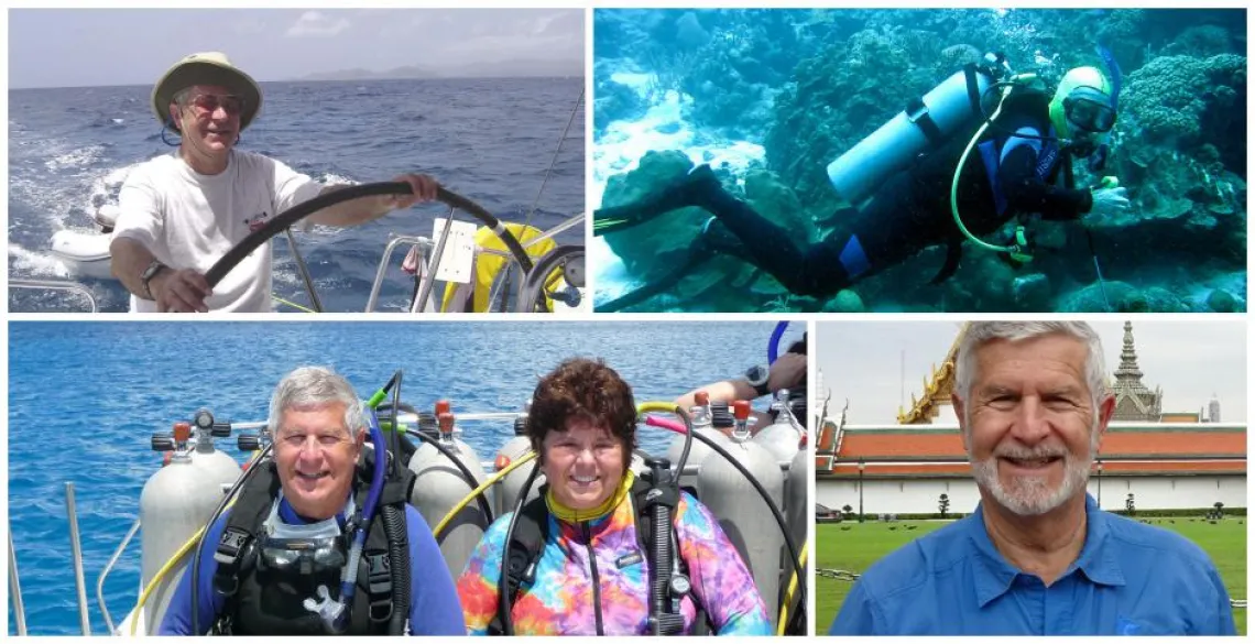 From Top L to R: Rick sailing in the British Virgin Islands, Rick scuba Diving in the Turks & Caicos From Bottom L to R: Rick & Yolanda scuba diving in the Turks & Caicos, Rick in Bangkok, Thailand.