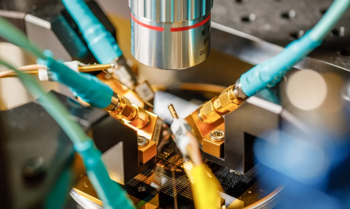 In Matt Eichenfield's lab at Sandia National Laboratories, he and his team use multiple microwave frequencies to characterize a nonlinear phononic mixing device they built on a silicon wafer.