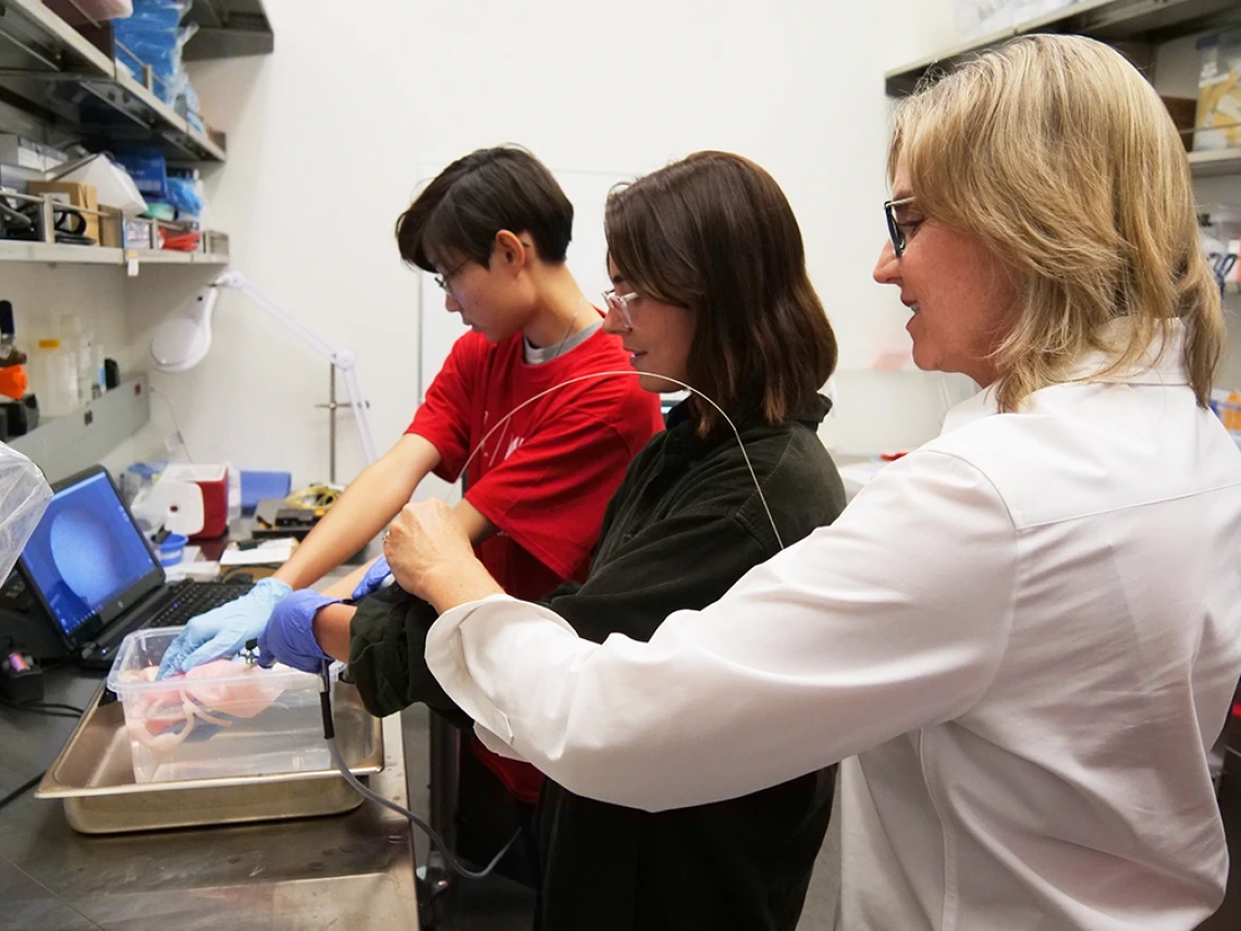 Jennifer Barton (right) works with two high-school students from the KEYS program in the lab.