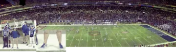 Football game imaged with a gigapixel camera, with zoomed in details. Image resolution is uniform across the scene